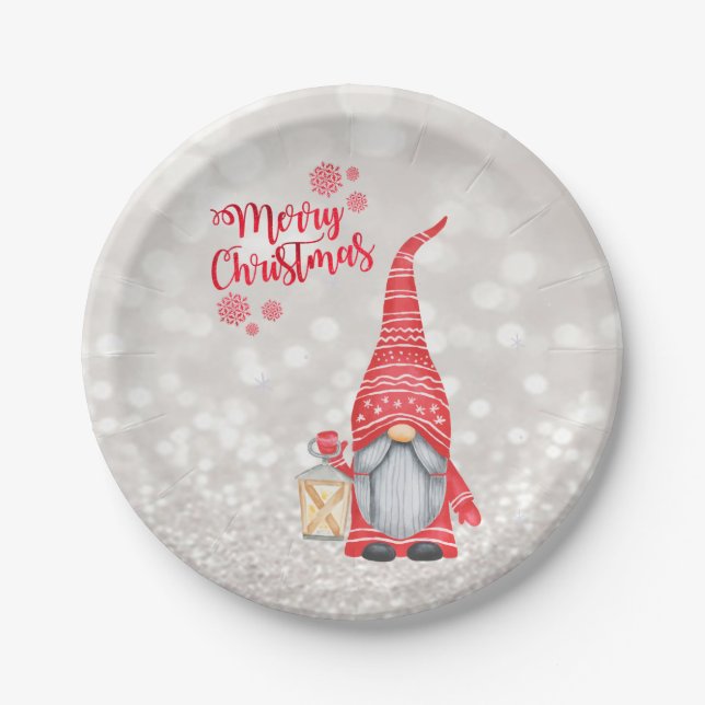 Merry Christmas,Glitter Bokeh,Cute Gnome   Paper Plate (Front)