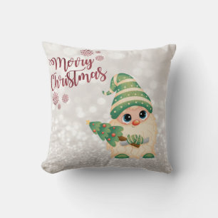 Merry Christmas,Glitter Bokeh,Cute Gnome Pine Tree Cushion