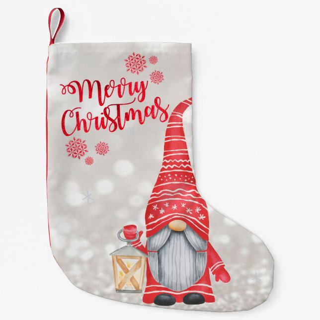 Merry Christmas,Glitter Bokeh,Cute Gnome   Small Christmas Stocking (Front)