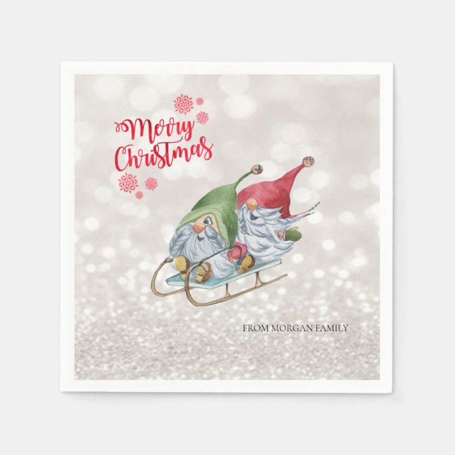 Merry Christmas,Glitter Bokeh,Cute Gnomes Sleigh   Napkin (Front)