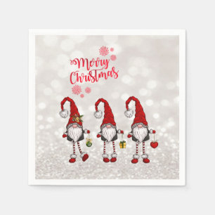 Merry Christmas,Glitter Bokeh,Cute Red Gnomes  Napkin