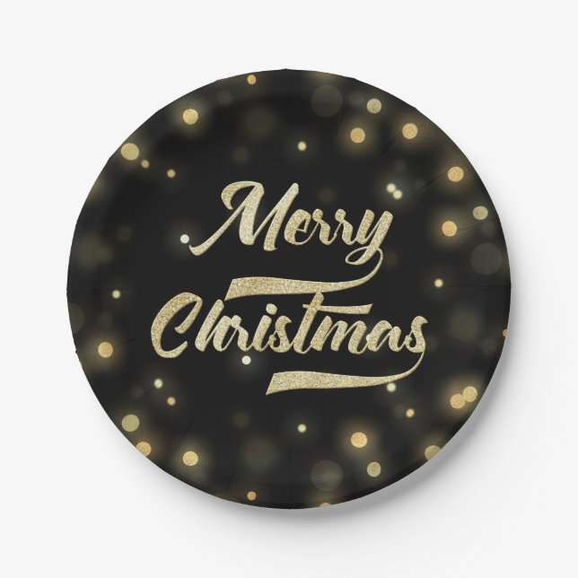 Merry Christmas Glitter Bokeh Gold Black Paper Plate (Front)
