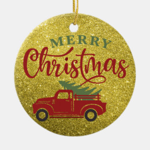Merry Christmas Glitter Red Truck Christmas Tree Ceramic Tree Decoration