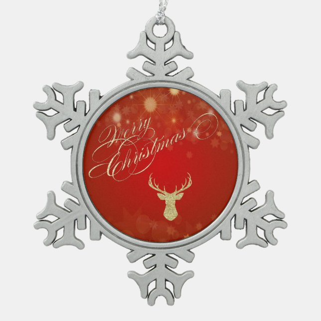 Merry Christmas, Glitter Reindeer Snowflake Pewter Christmas Ornament (Front)