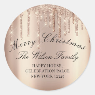 Merry Christmas Glitter RSVP Blush Rose Drips Classic Round Sticker