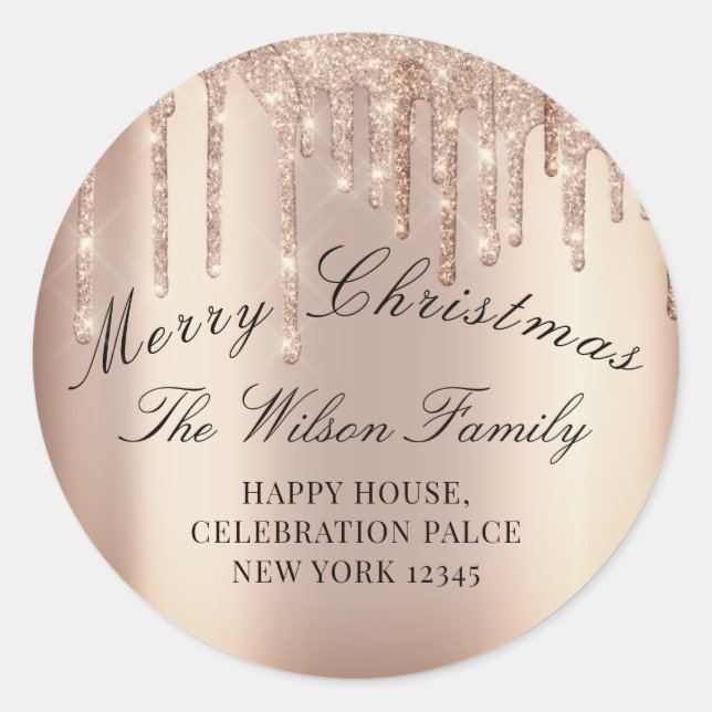 Merry Christmas Glitter RSVP Blush Rose Drips Classic Round Sticker (Front)