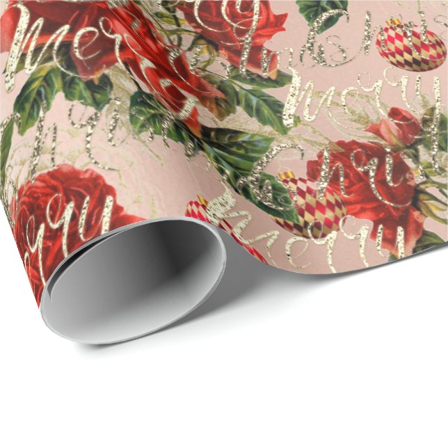 Merry Christmas Glitter Script Rose Gold Baubles Wrapping Paper (Roll Corner)