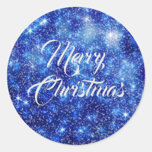 Merry Christmas Glitter Sparkle Navy Blue Classic Round Sticker