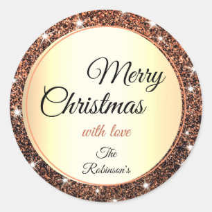 Merry Christmas Glitter Sparkle Stars Trendy Glam Classic Round Sticker
