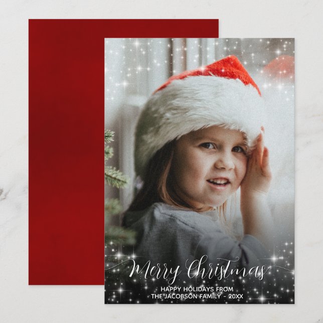 Merry Christmas Glitter Stars Photo Overlay Red Holiday Card (Front/Back)