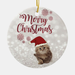 Merry Christmas,Glittery Bokeh,Cat With Santa Hat Ceramic Tree Decoration