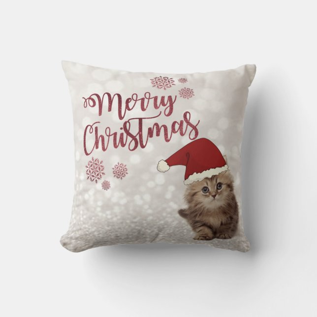 Merry Christmas,Glittery Bokeh,Cat With Santa Hat Cushion (Front)