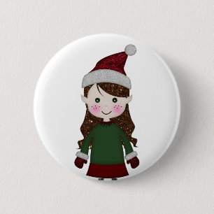 Merry Christmas Glittery Elf Girl Winter Red Green 6 Cm Round Badge