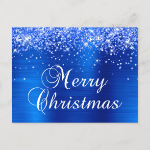 Merry Christmas Glittery Royal Blue Foil Holiday Postcard