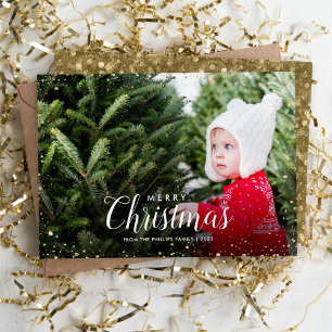 Merry Christmas Glitz Faux Glitter Photo Overlay Holiday Card