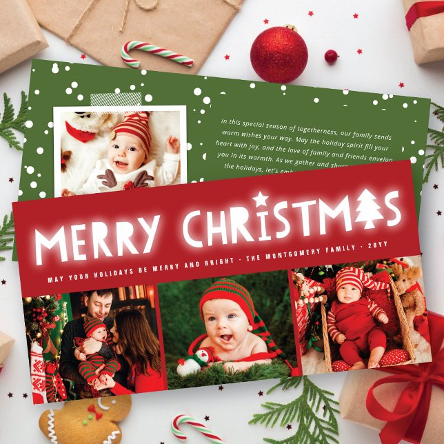 Merry Christmas Glow Whimsical Tree Modern 3 Photo Holiday Card (Creator Uploaded)