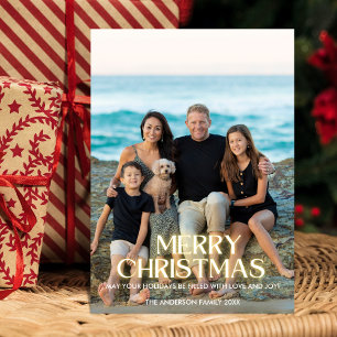 Merry Christmas Glowing Modern Font One Photo Holiday Card