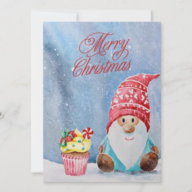Merry Christmas Gnome and Christmas Cupcake  Card (Front)