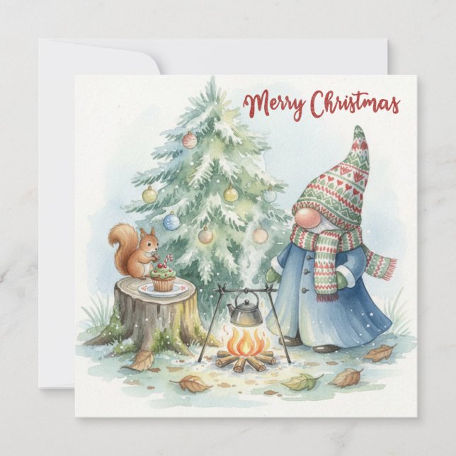 Merry Christmas Gnome and the Christmas Tree  Holiday Card (Front)