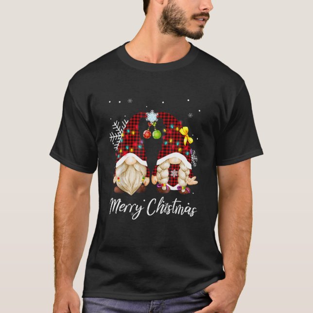 Merry Christmas Gnome Buffalo Plaid Red Funny Fami T-Shirt (Front)