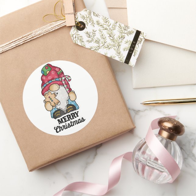 Merry Christmas, Gnome, Candy Cane, Gingerbread Classic Round Sticker (Gifting)