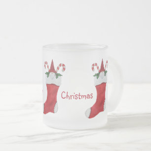 Merry Christmas Gnome Christmas Stocking Holly Frosted Glass Coffee Mug