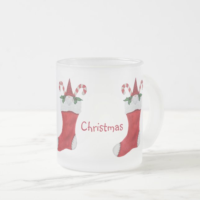 Merry Christmas Gnome Christmas Stocking Holly Frosted Glass Coffee Mug (Front Right)