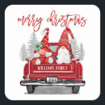 Merry Christmas Gnome Couple Vintage Red Truck  Square Sticker<br><div class="desc">These cute holiday stickers feature a gnome couple wearing red fair aisle hats sitting in the back of a vintage red truck. Above in modern script it reads "Merry Christmas". Personalise with a name and year on the back of the truck. Designed by Susan Coffey.</div>