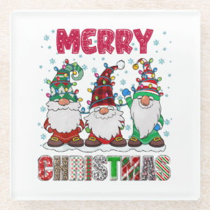 Merry Christmas Gnome Family Funny Xmas Tree Glass Coaster
