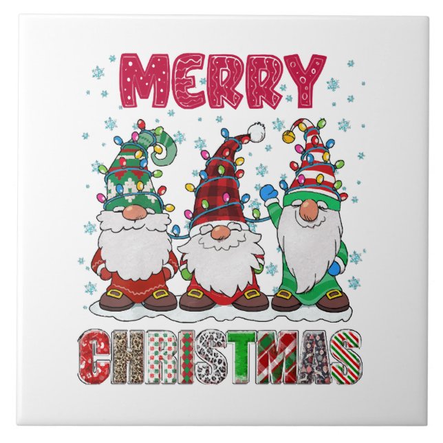 Merry Christmas Gnome Family Funny Xmas Tree Tile (Front)