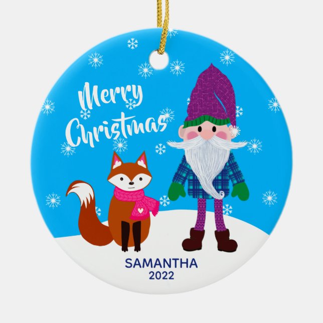 Merry Christmas Gnome Fox Personalised Ceramic Tree Decoration (Front)