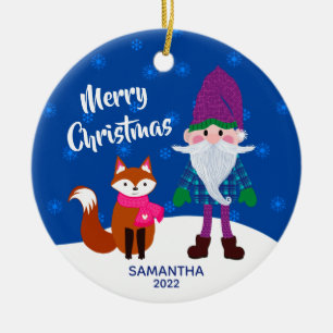 Merry Christmas Gnome Fox Personalised Night Blue Ceramic Tree Decoration