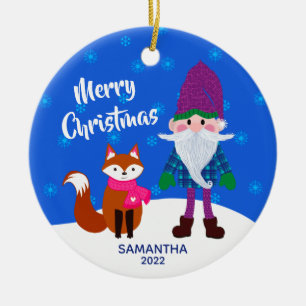 Merry Christmas Gnome Fox Snowflakes Blue Ceramic Tree Decoration