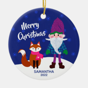 Merry Christmas Gnome Fox Snowflakes Midnight Blue Ceramic Tree Decoration