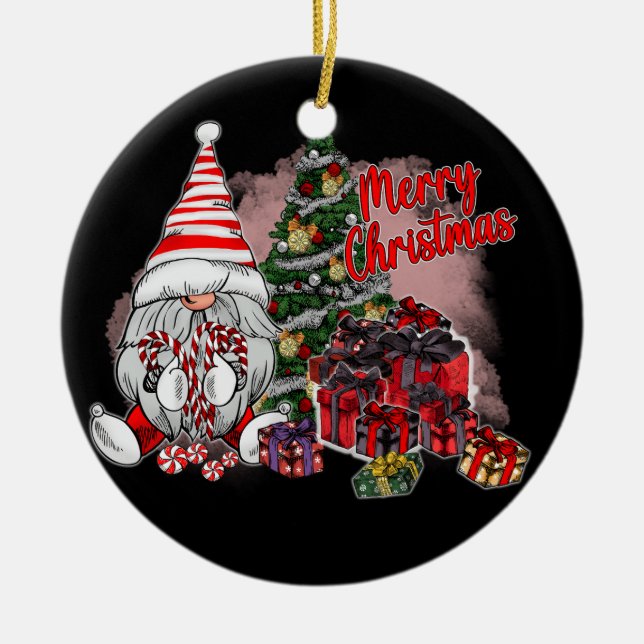 Merry Christmas Gnome Gifts Ceramic Tree Decoration (Front)
