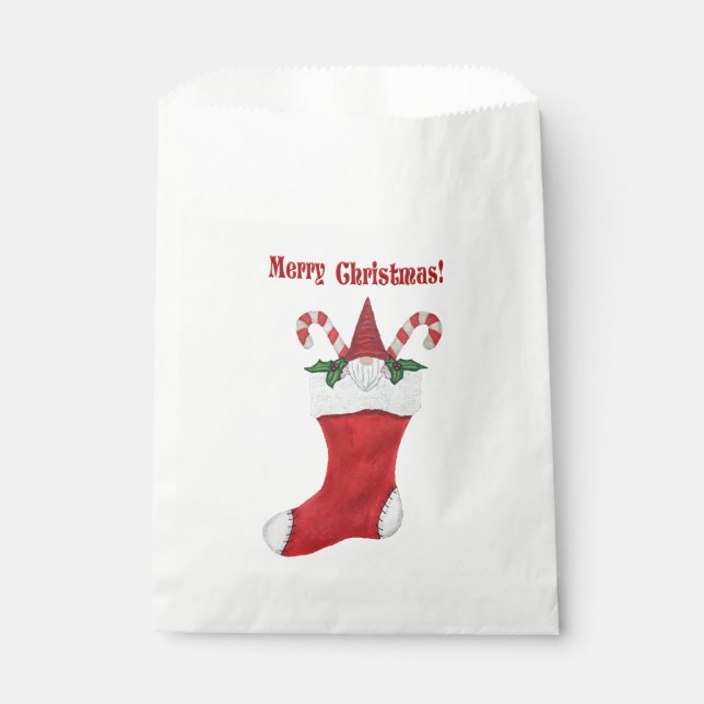 Merry Christmas Gnome in Red Stocking Candy Canes Favour Bags (Front)