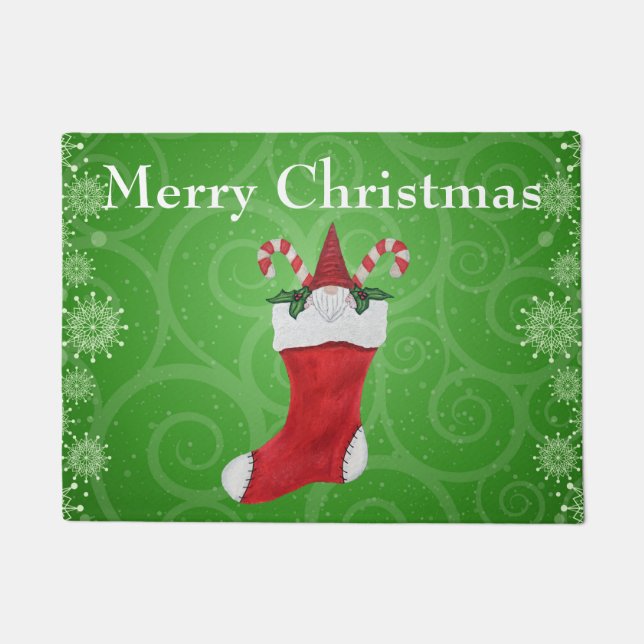 Merry Christmas Gnome in Red Stocking Green Swirls Doormat (Front)