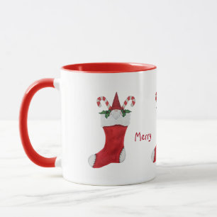 Merry Christmas Gnome in Stocking Green Holly Mug