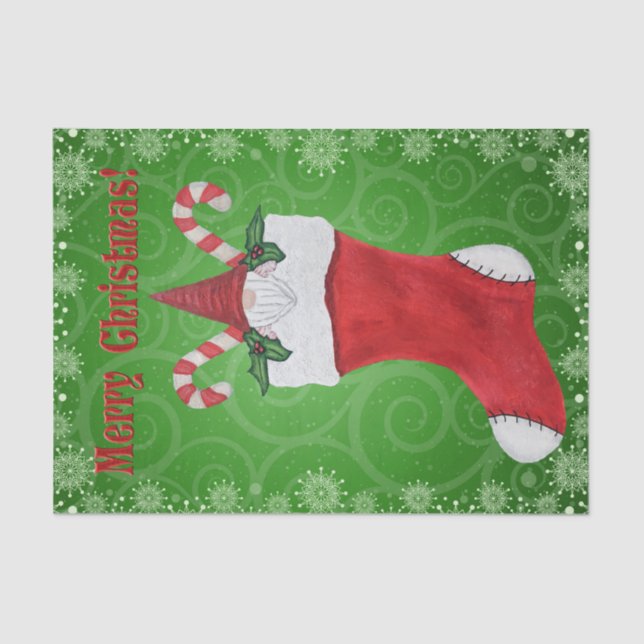 Merry Christmas Gnome in Stocking Green Snowflakes Tissue Paper (Front)