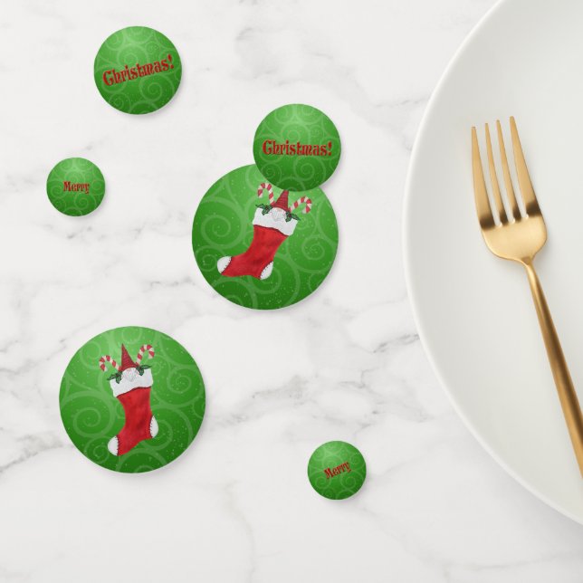 Merry Christmas Gnome in Stocking Green Swirls Confetti (Group)