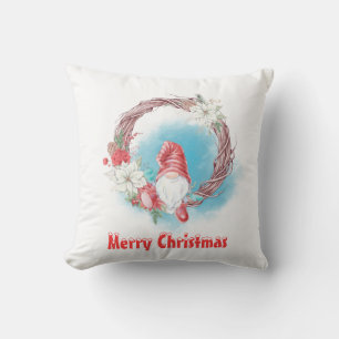 Merry Christmas Gnome on Floral Wreath Cushion