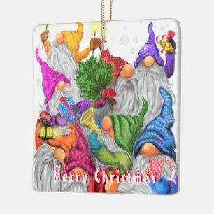 Merry Christmas Gnome Party Cartoon Drawing Ceramic Ornament
