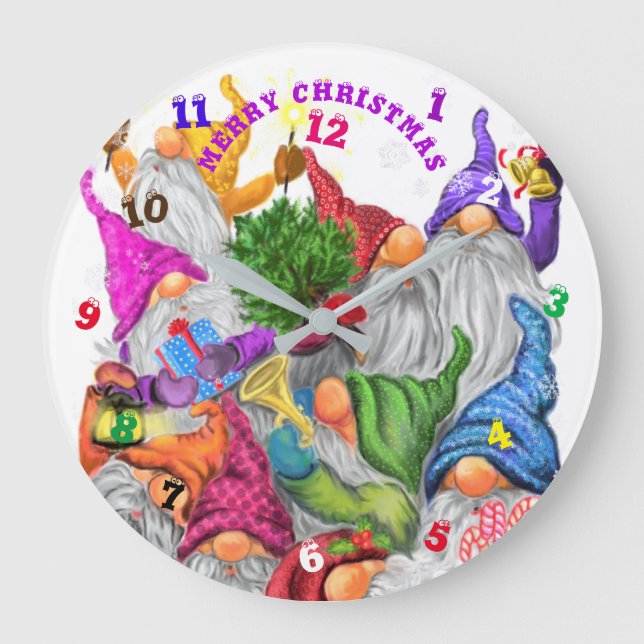 Merry Christmas Gnome Party Cartoon Drawing Fun Large Clock (Front)