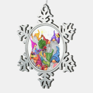 Merry Christmas Gnome Party Cartoon Drawing Fun Snowflake Pewter Christmas Ornament