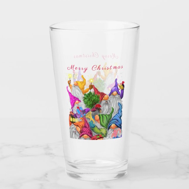 Merry Christmas Gnome Party Cartoon Drawing Funny  Glass (Front)
