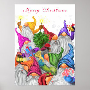 Merry Christmas Gnome Party Cartoon Drawing Funny Poster