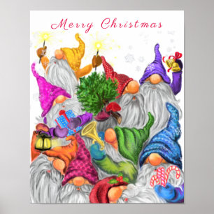 Merry Christmas Gnome Party Cartoon Drawing Funny  Poster