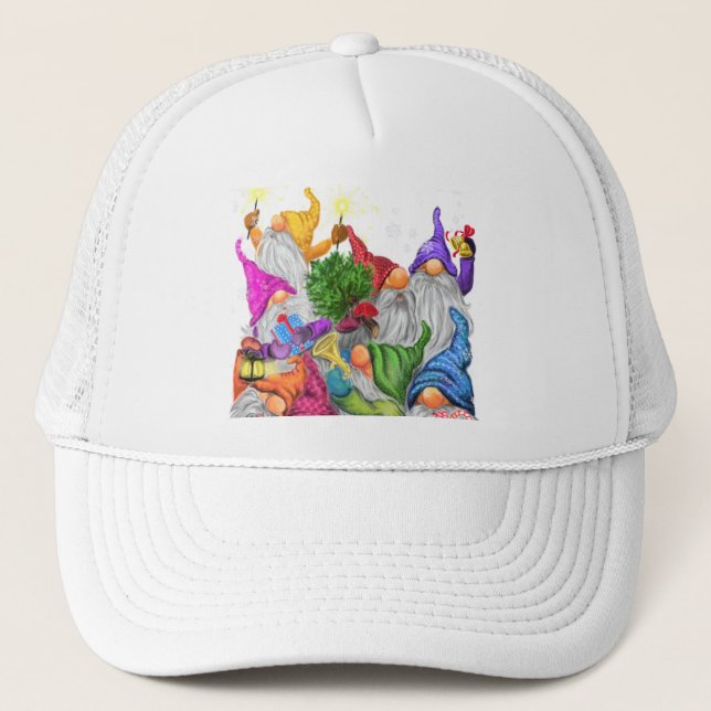 Merry Christmas Gnome Party Cartoon Drawing Funny  Trucker Hat (Front)