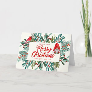 Merry Christmas Gnome, Red Cardinal, Holly Berry Card