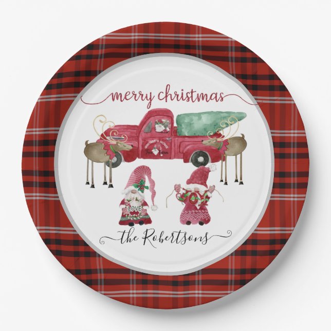 Merry Christmas Gnome Red Plaid Watercolor Truck Paper Plate (Front)